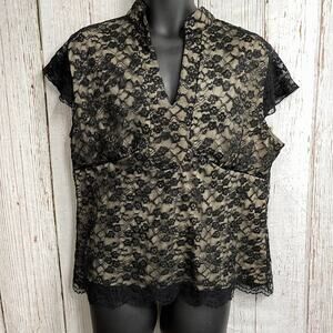 Lane Bryant Top Plus 18 Black Beige Lace Overlay V-Neck Short Sleeve Y2K Fairy